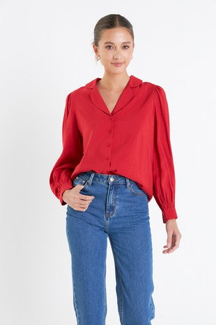 Red Scalloped Collar Button Blouse