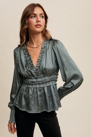 Sage Satin Ruffle Vneck Blouse