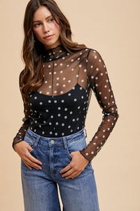 Black White Polka Dot Mesh Top