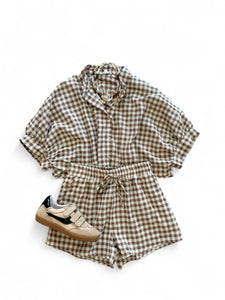 Gingham Cropped Button Down Top + Short Set