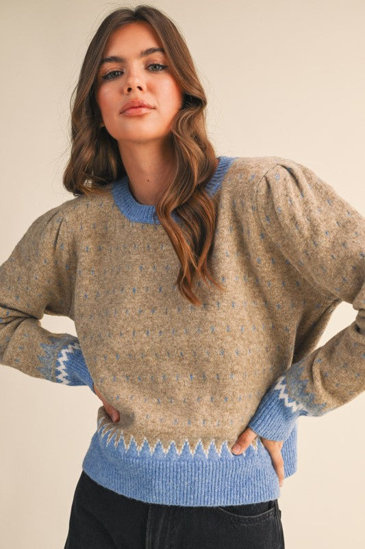 Blue Dot and Trim Taupe Sweater