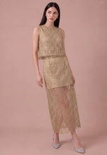 Load image into Gallery viewer, Gold Metallic Lace Top + Midi Skirt Set