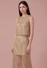 Load image into Gallery viewer, Gold Metallic Lace Top + Midi Skirt Set