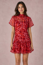 Load image into Gallery viewer, Red Printed Organza Mock Neck Mini Dress
