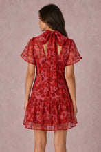 Load image into Gallery viewer, Red Printed Organza Mock Neck Mini Dress