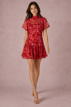 Load image into Gallery viewer, Red Printed Organza Mock Neck Mini Dress