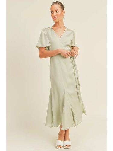 Sage V-Neck Wrap A-Line Maxi Dress