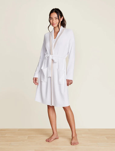 Barefoot Dreams CCUL Tipped Ribbed Short Robe-Sea Salt/Shell